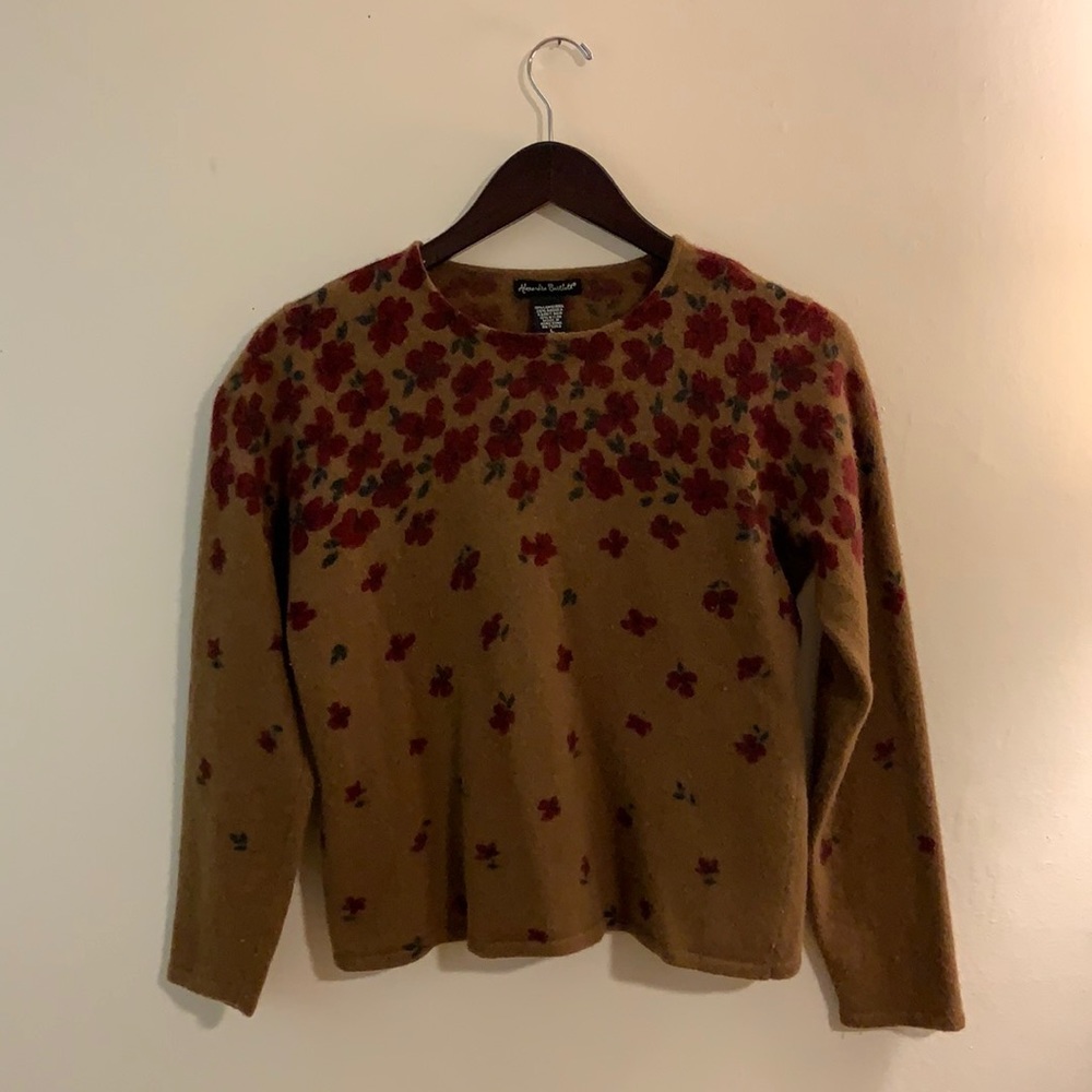 Alexandra Bartlett size L lambswool and angora brown sweater w/ red flower print